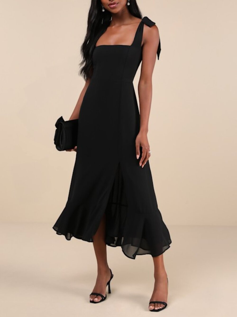 Lulus Summer Invite Black Tie-strap Tiered Midi Dress - Size M - Picture 1 of 1